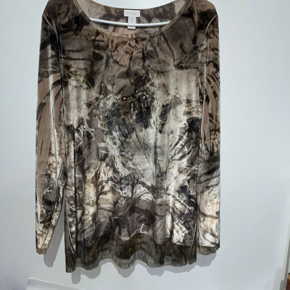 Chico's Women's Multicolor Stretch Velvet Knit Metallic Long Sleeve Blouse Large